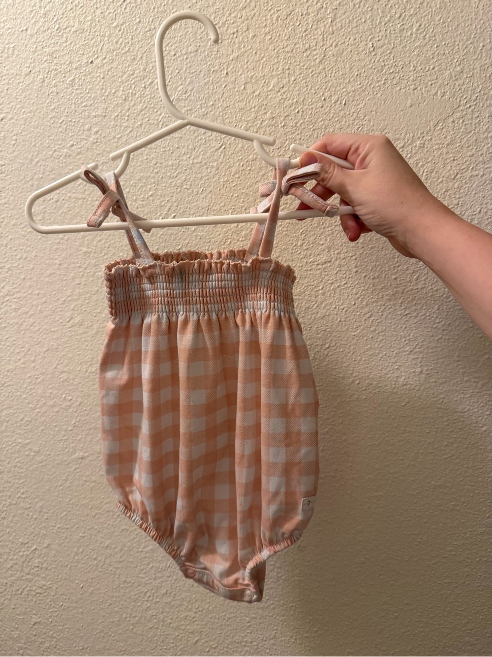 7 For All Mankind Peach and White Gingham Baby One-Piece